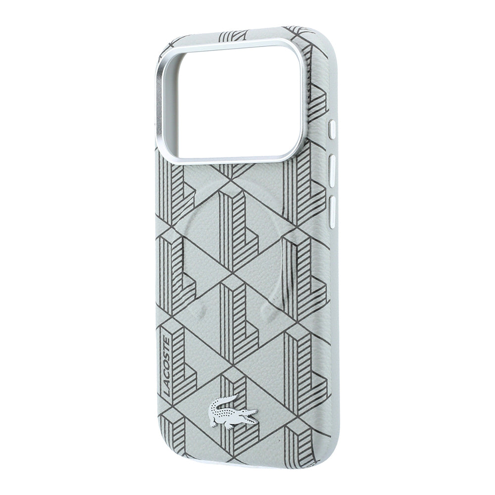 Apple iPhone 18 Pro Max Kılıf Lacoste Orjinal Lisanslı M-safe Şarj Özellikli Metal Logolu Deri Karışık Monogram Desenli Kapak