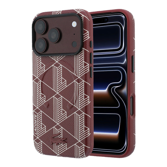 Apple iPhone 18 Pro Max Kılıf Lacoste Orjinal Lisanslı M-safe Şarj Özellikli Metal Logolu Deri Karışık Monogram Desenli Kapak