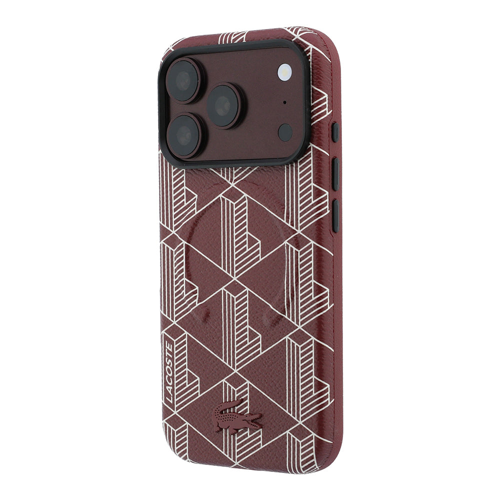 Apple iPhone 18 Pro Max Kılıf Lacoste Orjinal Lisanslı M-safe Şarj Özellikli Metal Logolu Deri Karışık Monogram Desenli Kapak