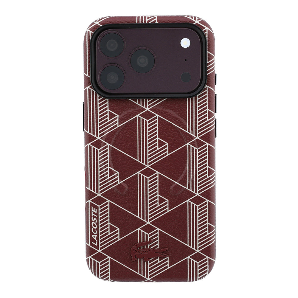 Apple iPhone 18 Pro Max Kılıf Lacoste Orjinal Lisanslı M-safe Şarj Özellikli Metal Logolu Deri Karışık Monogram Desenli Kapak