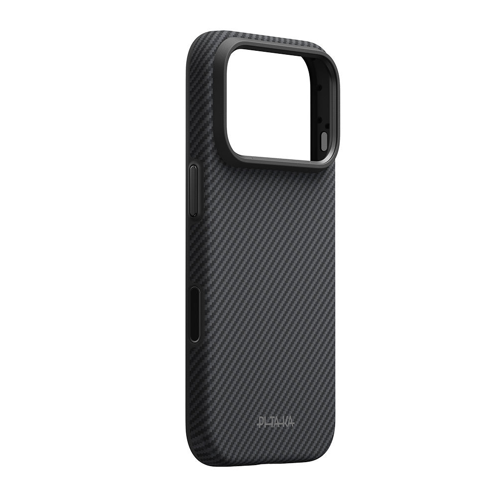 Apple iPhone 18 Pro Max Kılıf M-safe Şarj Özellikli Aramid Karbon Fiber Pitaka Military-Grade Classic Serisi New Logo Black-Grey Twill Kapak