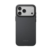 Apple iPhone 18 Pro Max Kılıf M-safe Şarj Özellikli Aramid Karbon Fiber Pitaka Military-Grade Classic Serisi New Logo Black-Grey Twill Kapak