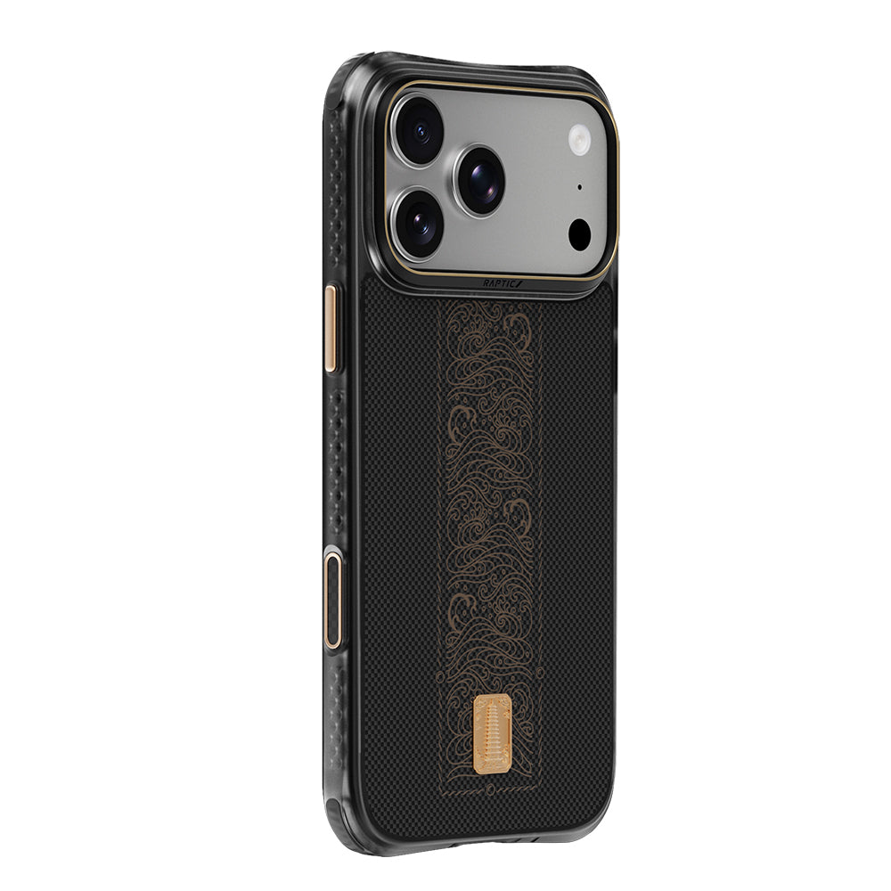 Apple iPhone 18 Pro Max Kılıf M-safe Şarj Özellikli Raptic Aramid Dual Rise Serisi 24 Ayar Altın Kaplamalı Karbon Kapak