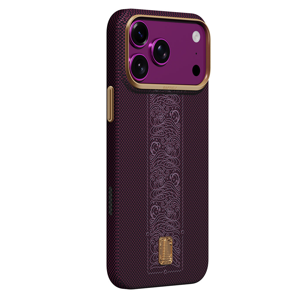 Apple iPhone 18 Pro Max Kılıf M-safe Şarj Özellikli Raptic Aramid Skin Rise Serisi 24 Ayar Altın Kaplamalı Karbon Kapak