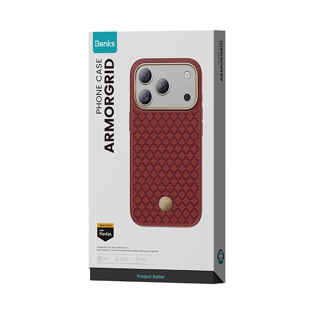 Apple iPhone 18 Pro Max Kılıf M-Safe Şarj Özellikli Yükseltilmiş Kamera Çerçeveli Benks ArmorPro ArmorGrid Serisi Kevlar Karbon Kapak