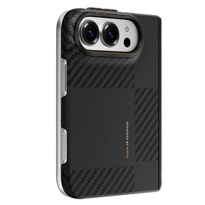 Apple iPhone Duo (Fold) Kılıf M-safe Şarj Özellikli Metal Kamera Çerçeveli Raptic Aramid SkinPro Mondrian Serisi Karbon Kapak