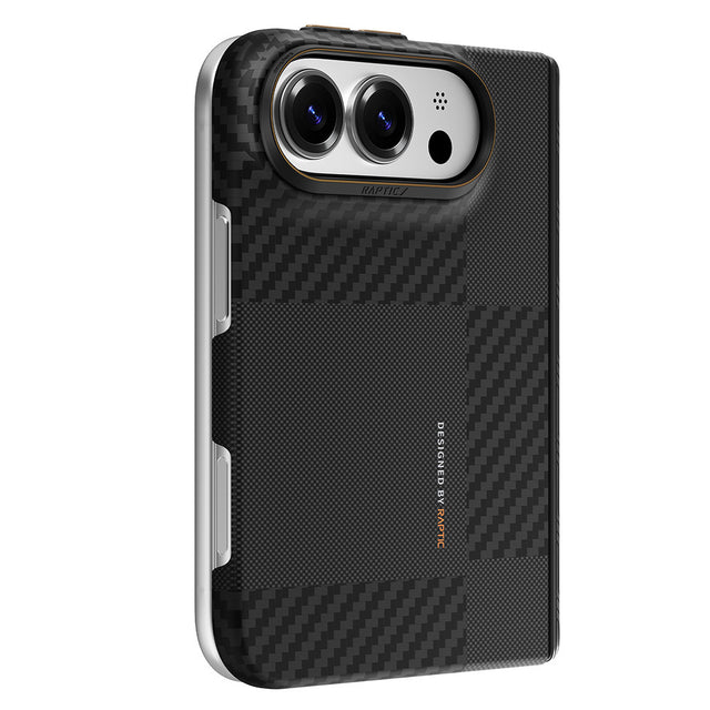 Apple iPhone Duo (Fold) Kılıf M-safe Şarj Özellikli Metal Kamera Çerçeveli Raptic Aramid SkinPro Mondrian Serisi Karbon Kapak