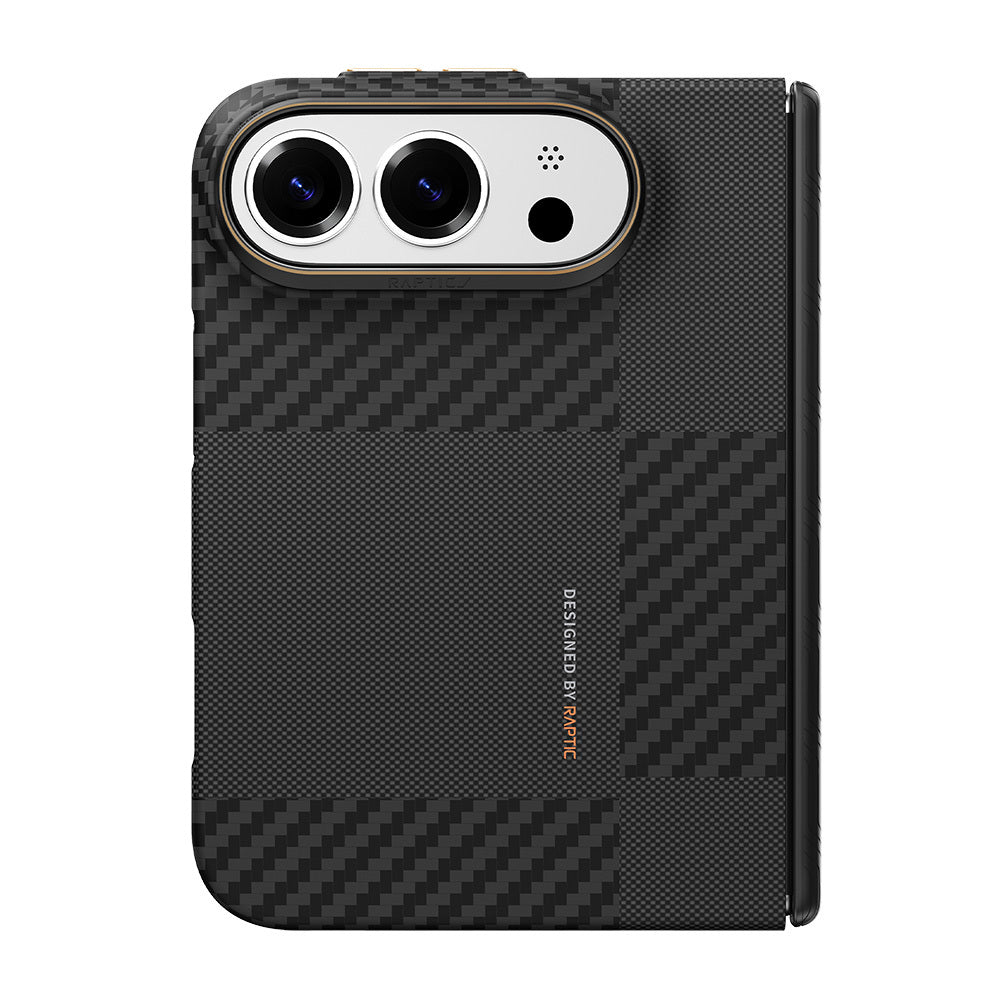 Apple iPhone Duo (Fold) Kılıf M-safe Şarj Özellikli Metal Kamera Çerçeveli Raptic Aramid SkinPro Mondrian Serisi Karbon Kapak