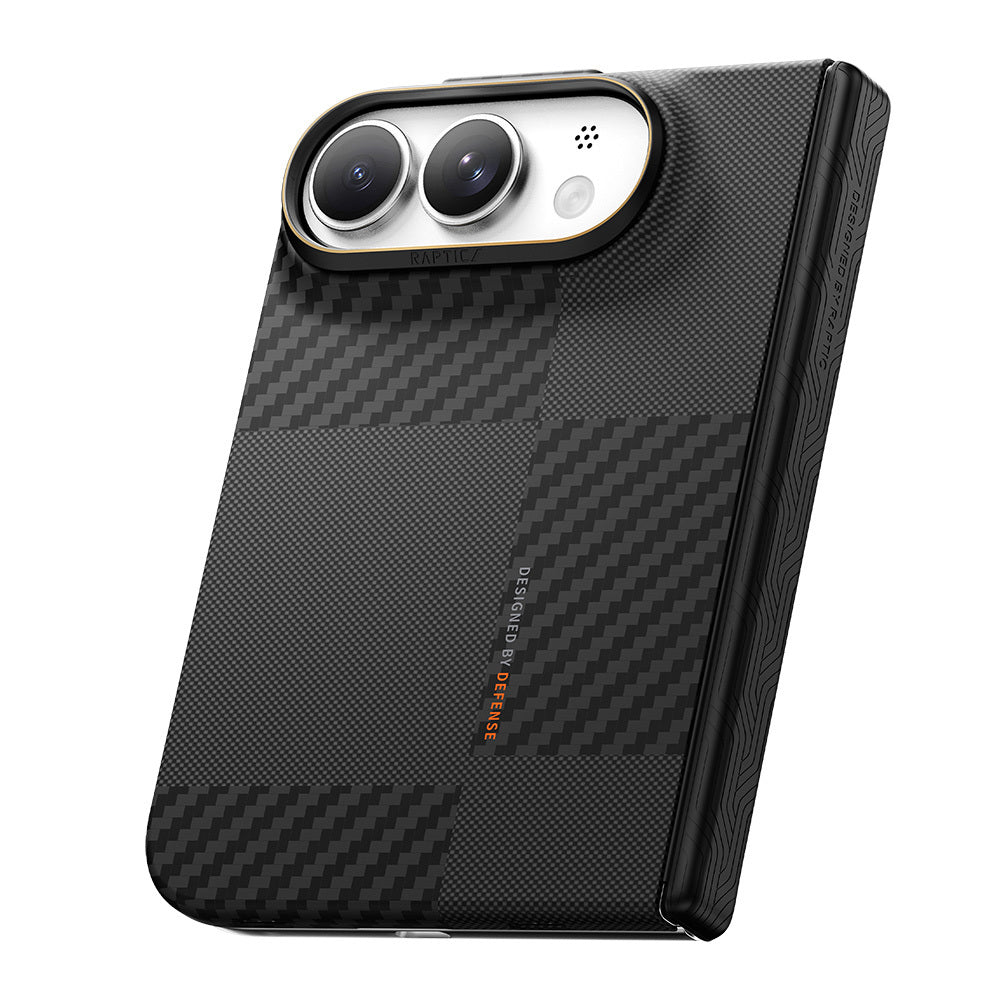 Apple iPhone Duo (Fold) Kılıf M-safe Şarj Özellikli Metal Kamera Çerçeveli Raptic Aramid SkinPro Mondrian Serisi Karbon Kapak