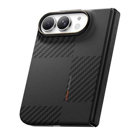 Apple iPhone Duo (Fold) Kılıf M-safe Şarj Özellikli Metal Kamera Çerçeveli Raptic Aramid SkinPro Mondrian Serisi Karbon Kapak