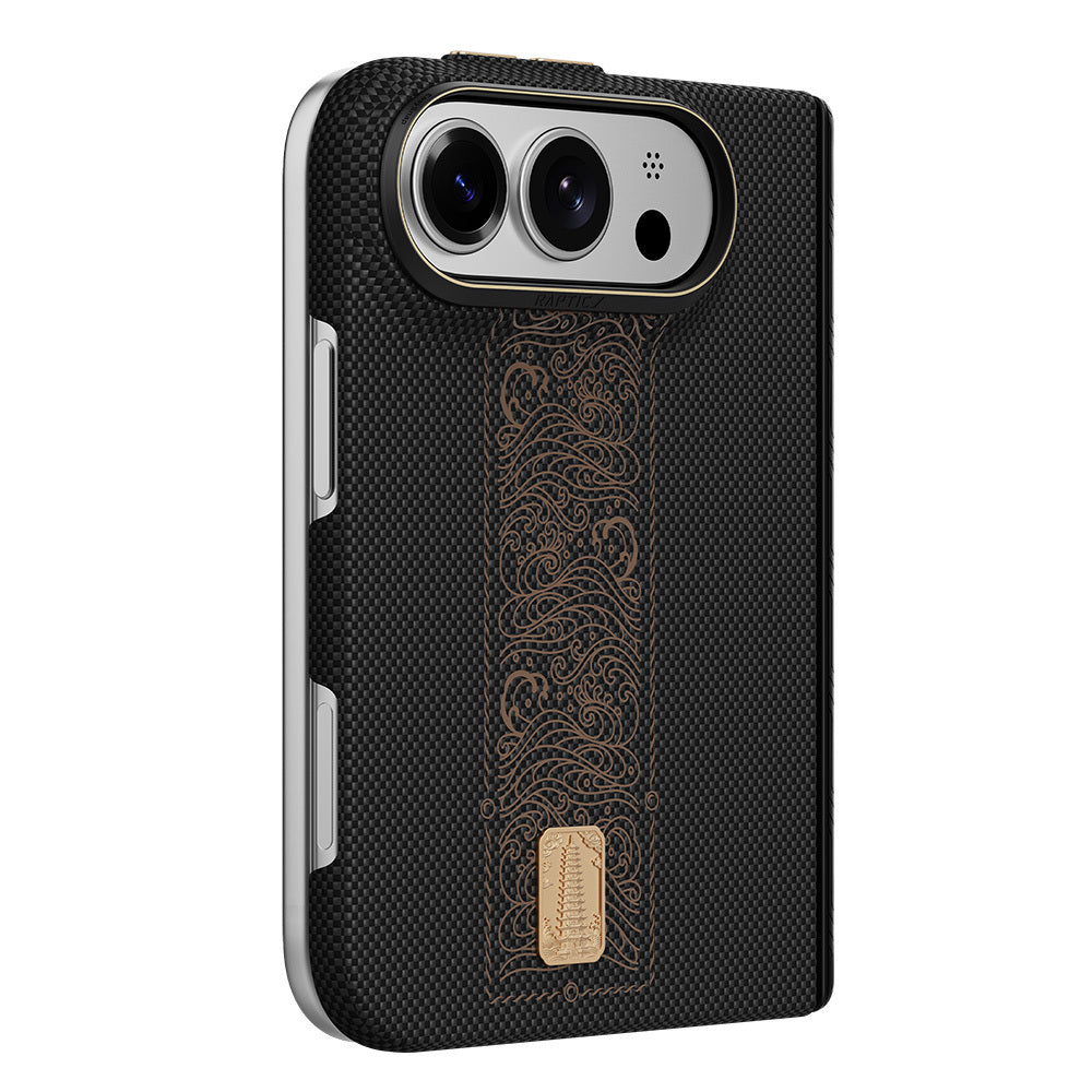 Apple iPhone Duo (Fold) Kılıf M-safe Şarj Özellikli Raptic Aramid SkinPro Rise Serisi 24 Ayar Altın Kaplamalı Karbon Kapak