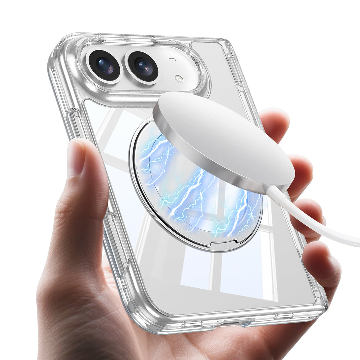 Apple iPhone Duo Kılıf M-safe Şarj Özellikli Zore Kıpta KPT-09 Ring Standlı Şeffaf Sert PC Kapak