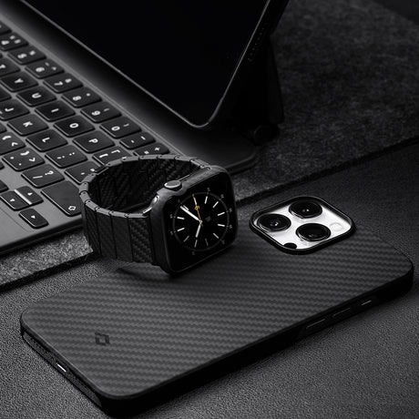 Apple Watch 7 45mm 600D Aramid Fiber Classic Serisi Black-Grey Twill Kasa Koruyucu Pitaka Air Case