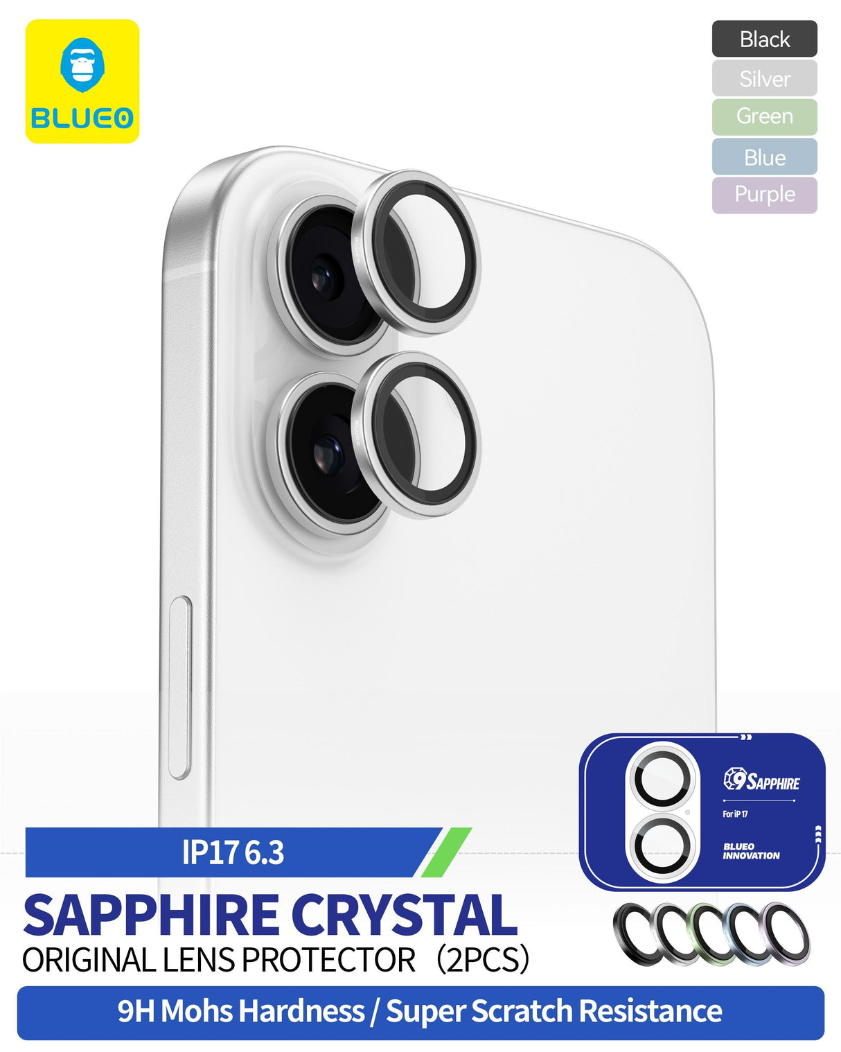 Blueo Sapphire iPhone 17 Uyumlu 9 MOhs %99.99 Orijinal Safir Silver Titanium Kamera Lens Koruyucu