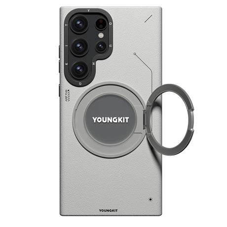 Galaxy S23 Ultra Kılıf M-safe Şarj Özellikli 360° Standlı Basit Mat Deri Desenli Youngkit Tech Leather Serisi Kapak