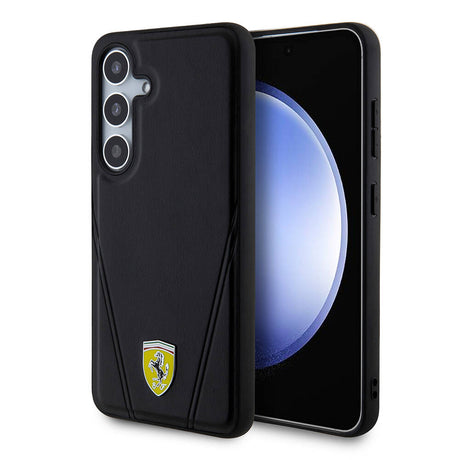 Galaxy S24 Kılıf Ferrari Orjinal Lisanslı M-safe Şarj Özellikli Sıcak Baskı V Çizgili Deri Kapak