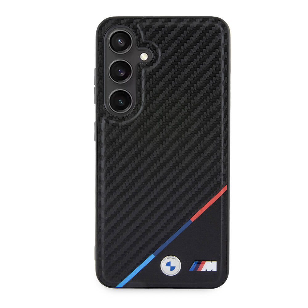 Galaxy S24 Plus Kılıf BMW Orjinal Lisanslı M-safe Şarj Özellikli M Logolu Üç Çizgili PU Karbon Kapak
