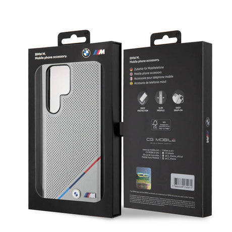 Galaxy S24 Ultra Kılıf BMW Orjinal Lisanslı M-safe Şarj Özellikli M Logolu Üç Çizgili Delikli Deri Kapak
