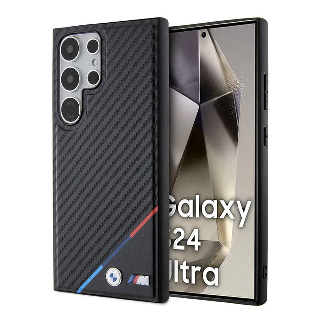 Galaxy S24 Ultra Kılıf BMW Orjinal Lisanslı M-safe Şarj Özellikli M Logolu Üç Çizgili PU Karbon Kapak