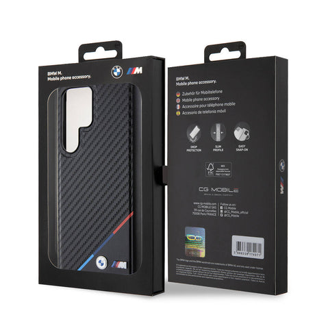 Galaxy S24 Ultra Kılıf BMW Orjinal Lisanslı M-safe Şarj Özellikli M Logolu Üç Çizgili PU Karbon Kapak