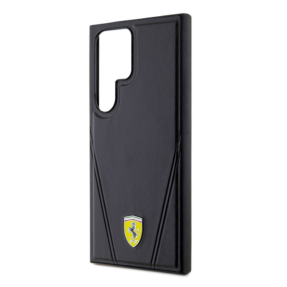 Galaxy S24 Ultra Kılıf Ferrari Orjinal Lisanslı M-safe Şarj Özellikli Sıcak Baskı V Çizgili Deri Kapak