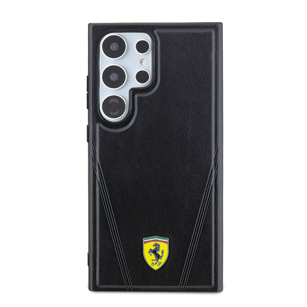 Galaxy S24 Ultra Kılıf Ferrari Orjinal Lisanslı M-safe Şarj Özellikli Sıcak Baskı V Çizgili Deri Kapak