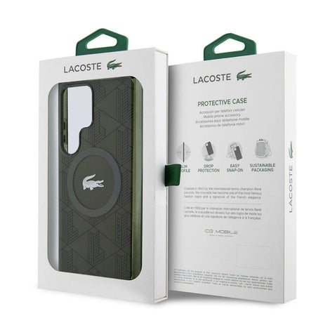 Galaxy S24 Ultra Kılıf Lacoste Orjinal Lisanslı M-safe Şarj Özellikli Çift Katmanlı Timsah Logolu Blend Monogram Kapak