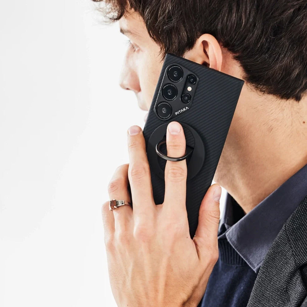 Galaxy S24 Ultra Kılıf M-safe Şarj Özellikli 600D Aramid Fiber Pitaka Ultra-Slim Classic Serisi Black-Grey Twill Kapak