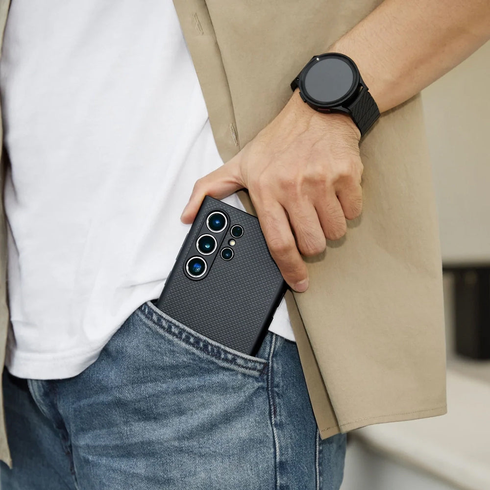 Galaxy S24 Ultra Kılıf M-safe Şarj Özellikli Aramid Fiber 3 Fonksiyon Butonlu Pitaka PinButton Serisi Kapak