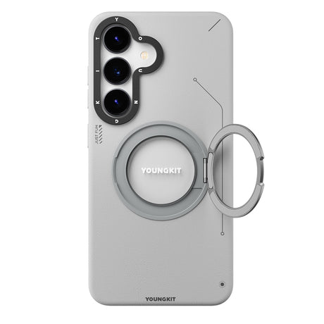 Galaxy S25 Kılıf M-safe Şarj Özellikli 360° Standlı Basit Mat Deri Desenli Youngkit Tech Leather Serisi Kapak