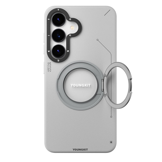 Galaxy S25 Kılıf M-safe Şarj Özellikli 360° Standlı Basit Mat Deri Desenli Youngkit Tech Leather Serisi Kapak