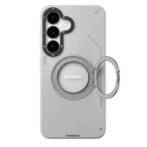 Galaxy S25 Kılıf M-safe Şarj Özellikli 360° Standlı Basit Mat Deri Desenli Youngkit Tech Leather Serisi Kapak