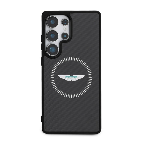 Galaxy S25 Ultra Kılıf Aston Martin Orjinal Lisanslı M-safe Şarj Özellikli Radyal Halka ve Karbon Fiber Tasarımlı Kapak