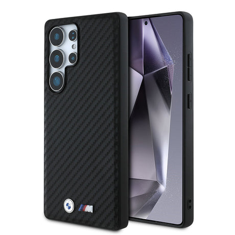 Galaxy S25 Ultra Kılıf BMW Orjinal Lisanslı M-safe Şarj Özellikli Karbon Fiber Tasarımlı ve Metal Logolu PU Deri Kapak