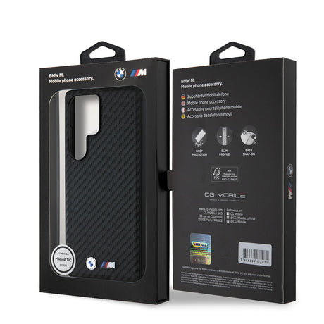 Galaxy S25 Ultra Kılıf BMW Orjinal Lisanslı M-safe Şarj Özellikli Karbon Fiber Tasarımlı ve Metal Logolu PU Deri Kapak