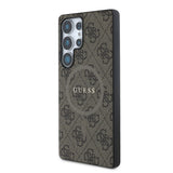 Galaxy S25 Ultra Kılıf Guess Orjinal Lisanslı M-safe Şarj Özellikli PU Halkalı 4G Desenli Yazı Logolu Kapak