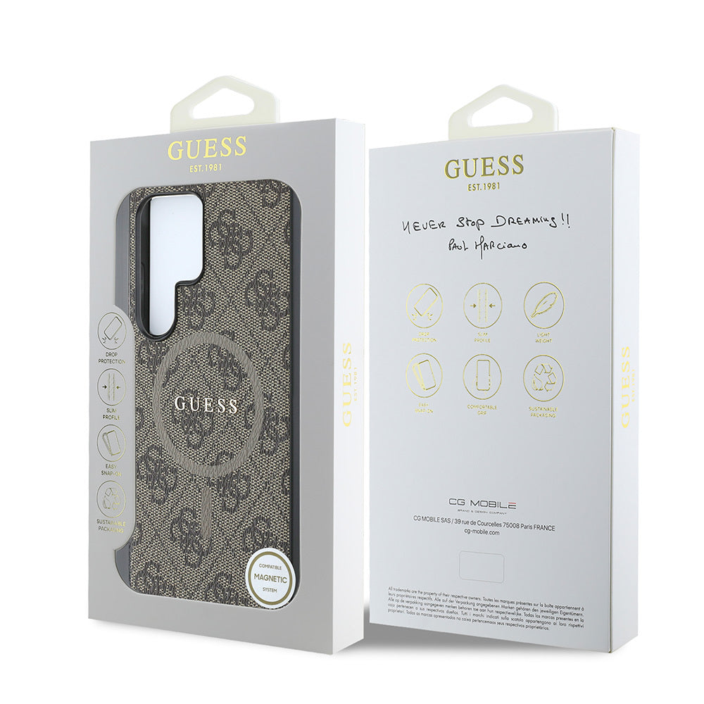 Galaxy S25 Ultra Kılıf Guess Orjinal Lisanslı M-safe Şarj Özellikli PU Halkalı 4G Desenli Yazı Logolu Kapak