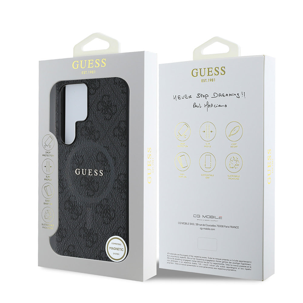 Galaxy S25 Ultra Kılıf Guess Orjinal Lisanslı M-safe Şarj Özellikli PU Halkalı 4G Desenli Yazı Logolu Kapak