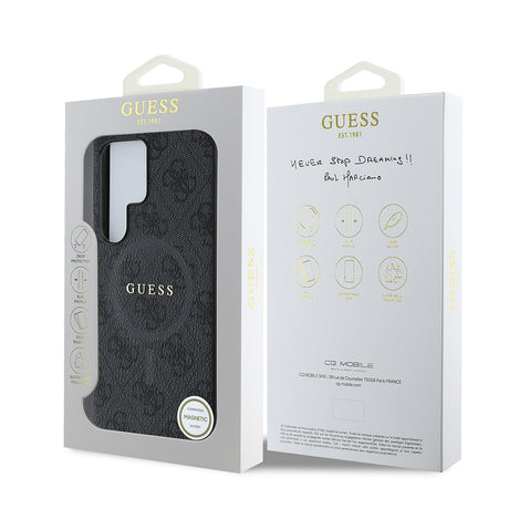 Galaxy S25 Ultra Kılıf Guess Orjinal Lisanslı M-safe Şarj Özellikli PU Halkalı 4G Desenli Yazı Logolu Kapak