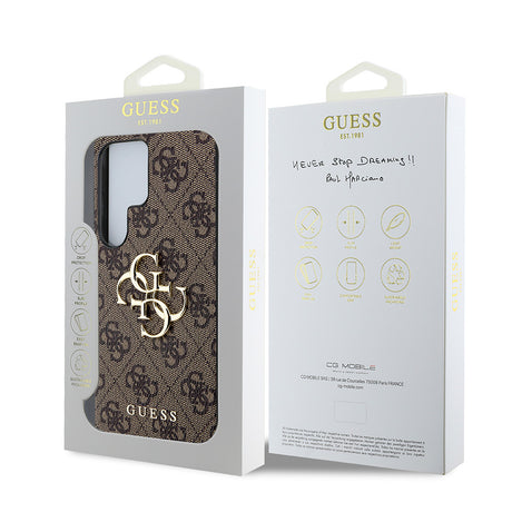 Galaxy S25 Ultra Kılıf Guess Orjinal Lisanslı PU Deri 4G Desenli Metal Büyük 4G ve Yazı Logolu Kapak