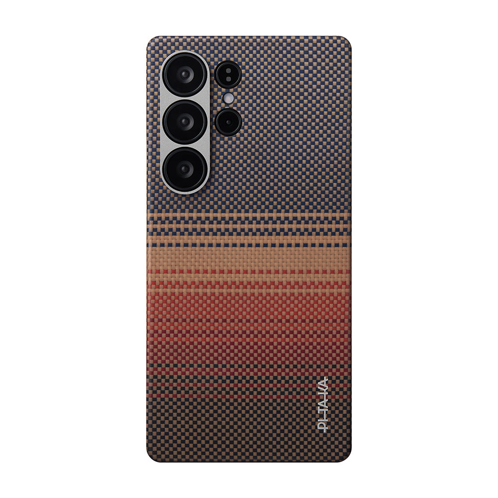 Galaxy S25 Ultra Kılıf M-safe Şarj Özellikli Aramid Fiber Pitaka Tactile Woven Sunset-Moonrise Serisi Kapak