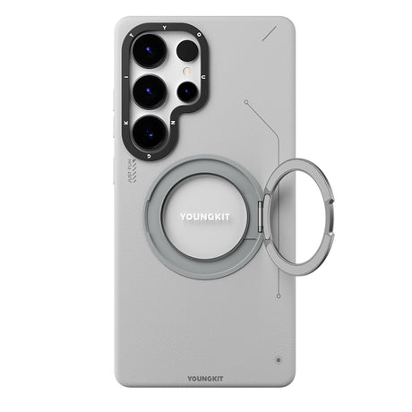 Galaxy S25 Ultra Kılıf M-safe Şarj Özellikli 360° Standlı Basit Mat Deri Desenli Youngkit Tech Leather Serisi Kapak