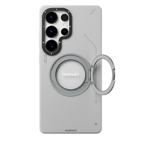 Galaxy S25 Ultra Kılıf M-safe Şarj Özellikli 360° Standlı Basit Mat Deri Desenli Youngkit Tech Leather Serisi Kapak