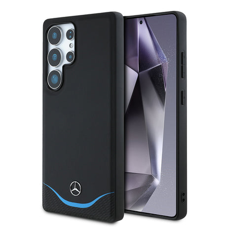 Galaxy S25 Ultra Kılıf Mercedes Benz Orjinal Lisanslı M-safe Şarj Özellikli 3D Metal Logolu Mavi Yatay Eğri Çizgili Deri Kapak