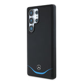 Galaxy S25 Ultra Kılıf Mercedes Benz Orjinal Lisanslı M-safe Şarj Özellikli 3D Metal Logolu Mavi Yatay Eğri Çizgili Deri Kapak