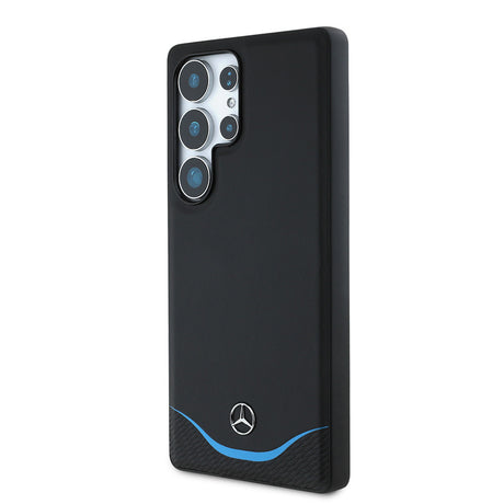 Galaxy S25 Ultra Kılıf Mercedes Benz Orjinal Lisanslı M-safe Şarj Özellikli 3D Metal Logolu Mavi Yatay Eğri Çizgili Deri Kapak