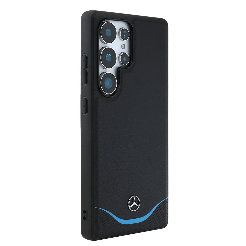 Galaxy S25 Ultra Kılıf Mercedes Benz Orjinal Lisanslı M-safe Şarj Özellikli 3D Metal Logolu Mavi Yatay Eğri Çizgili Deri Kapak