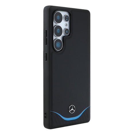 Galaxy S25 Ultra Kılıf Mercedes Benz Orjinal Lisanslı M-safe Şarj Özellikli 3D Metal Logolu Mavi Yatay Eğri Çizgili Deri Kapak