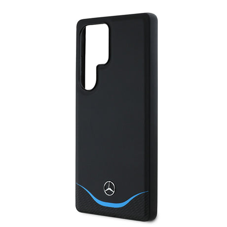 Galaxy S25 Ultra Kılıf Mercedes Benz Orjinal Lisanslı M-safe Şarj Özellikli 3D Metal Logolu Mavi Yatay Eğri Çizgili Deri Kapak