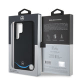 Galaxy S25 Ultra Kılıf Mercedes Benz Orjinal Lisanslı M-safe Şarj Özellikli 3D Metal Logolu Mavi Yatay Eğri Çizgili Deri Kapak